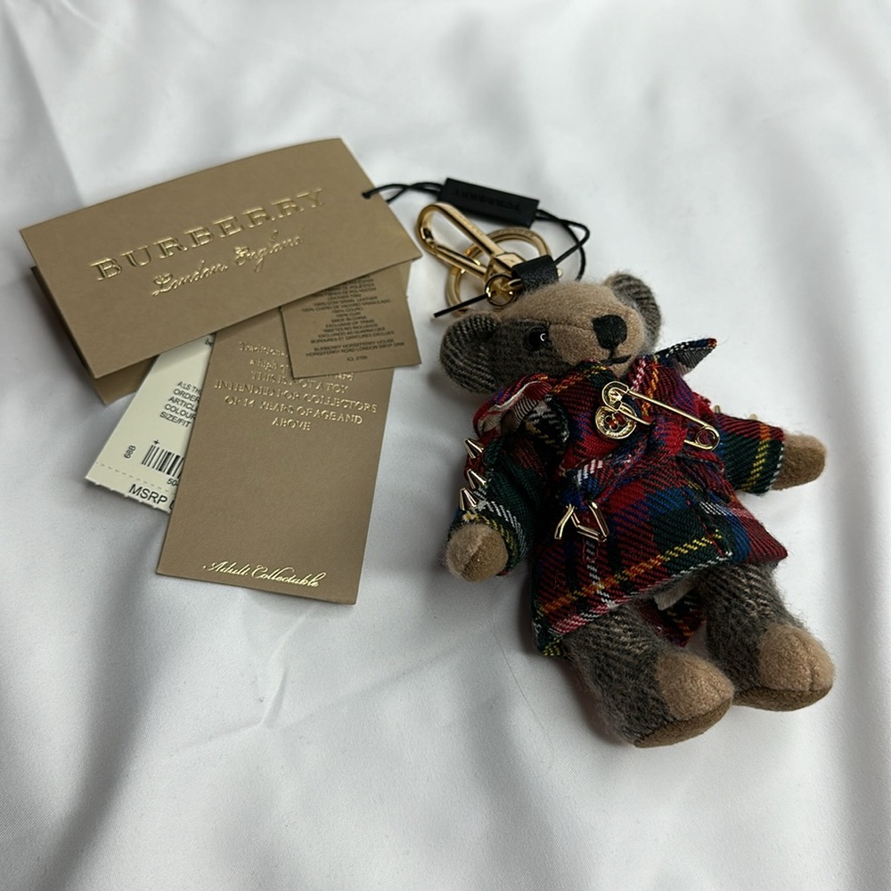 Burberry Thomas Bear Red Tartan Check Gold Stud & Pin Design Coat Bag Charm - Picture 6 of 10